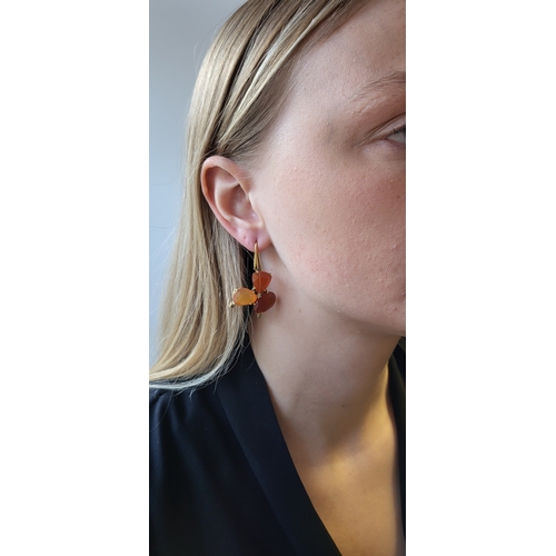 220 - A PAIR OF CARNELIAN DROP CLUSTER EARRINGS, mounted in 18ct yellow gold