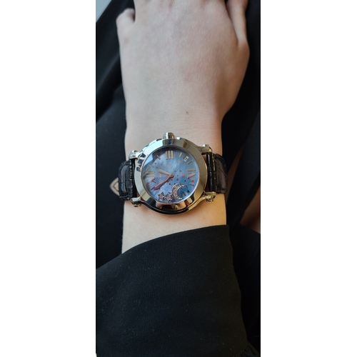 333 - A LADY'S STAINLESS STEEL CHOPARD 'HAPPY SPORT' WRISTWATCH, blue mother-of-pearl face, Roman numerals... 