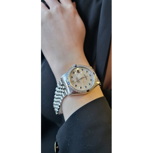 335 - A GENT'S STAINLESS STEEL ROLEX OYSTER PERPETUAL DATE JUST WRISTWATCH, mother-of-pearl dial, diamond ... 