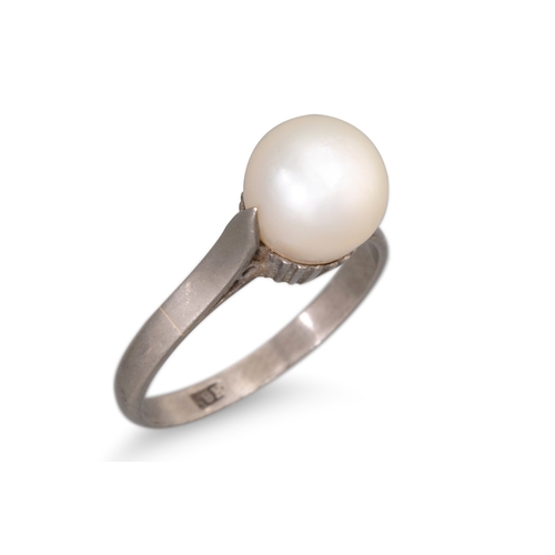 12 - A CULTURED PEARL RING, mounted in 18ct white gold, diameter of pearl: 8 mm, size L