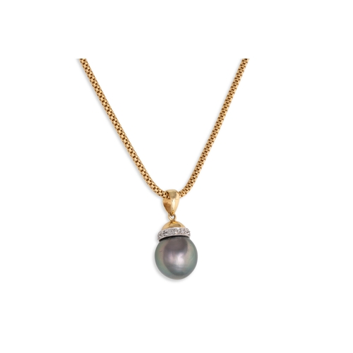 23 - A CULTURED TAHITIAN PEARL AND DIAMOND PENDANT, suspended on a 9ct yellow gold chain, length of chain... 