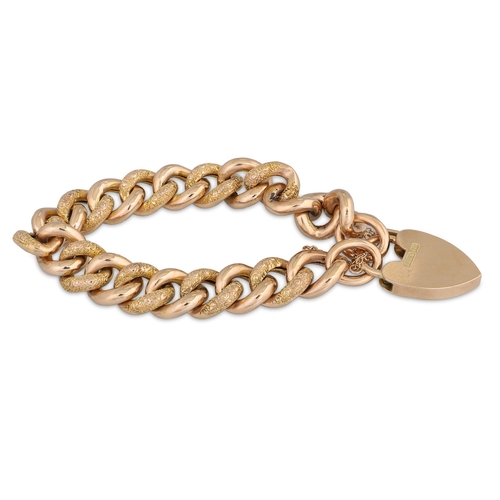127 - AN ANTIQUE 9CT GOLD CURBLINK BRACELET, engraved detail to links, padlock clasp & safety chain, boxed... 