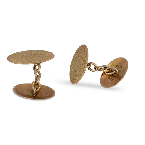 128 - A PAIR OF 9CT GOLD CUFF LINKS, engraved decoration, 5 g.