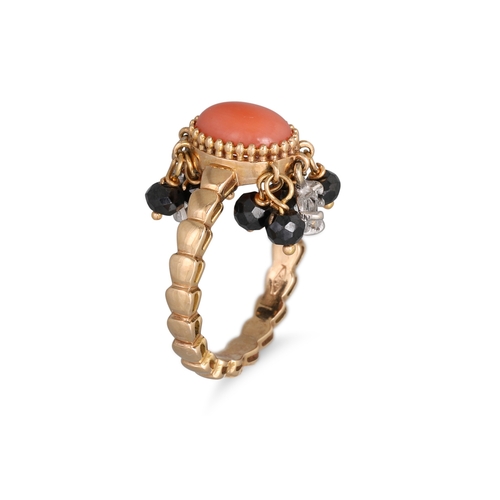 143 - AN UNUSUAL DESIGN CORAL AND DIAMOND RING, featuring drops, mounted in 18ct gold, size K... 