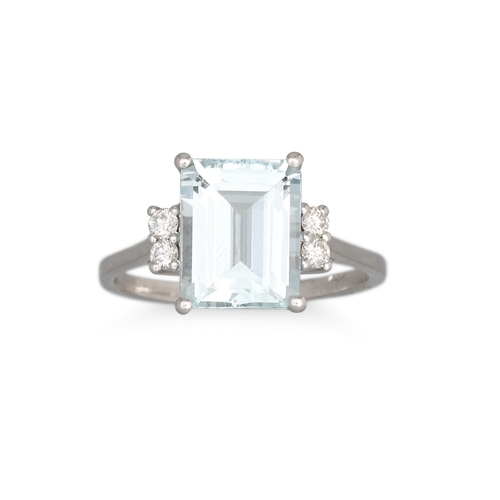 145 - AN AQUAMARINE AND DIAMOND RING, the rectangular aquamarine to diamond shoulders, mounted in 18ct whi... 
