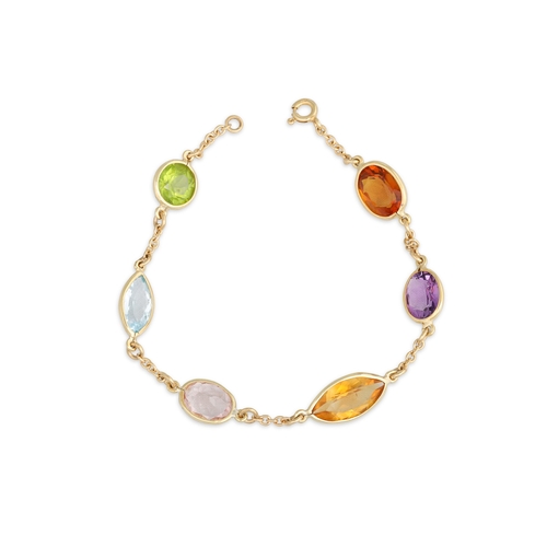 147 - A MULTI-STONE BRACELET, six stones mounted in gold, including amethyst, citrine, peridot etc., 7