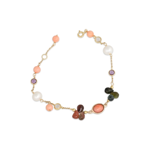 148 - A MULTI-STONE SET BRACELET, with coral, tourmaline, pearl, in 18ct yellow gold, 7