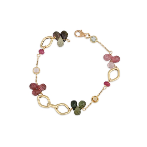 149 - A TOURMALINE SET BRACELET, with various coloured stones, in 18ct yellow gold, 6.5