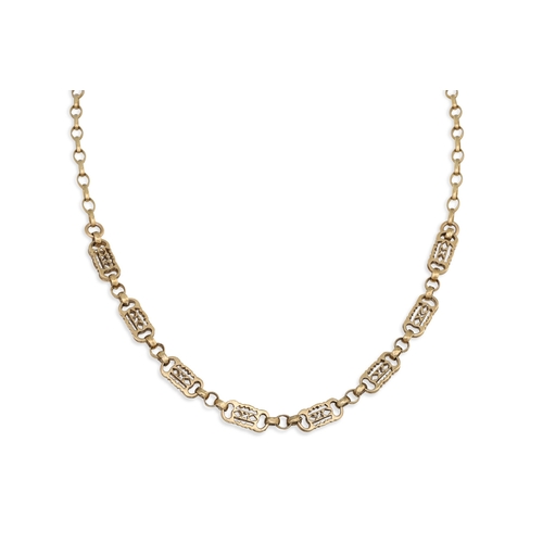 150 - AN ATTRACTIVE 9CT YELLOW GOLD NECKLACE, graduated part fancy box link, 17