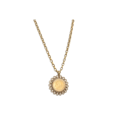 153 - A QEII 1/2 GOLD SOVEREIGN ENGLISH COIN, in 9ct mount, on a 9ct chain, gross weight 31.4 g.