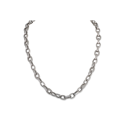 157 - A 9CT WHITE GOLD STONE SET NECKLACE, 16.8 g. gross weight