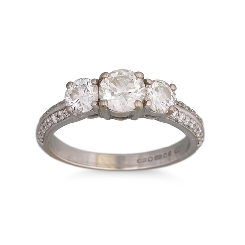 160 - A THREE STONE DIAMOND RING, brilliant cut diamonds mounted in 18ct white gold. Estimated: weight of ... 