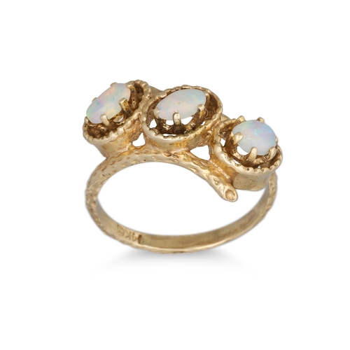 163 - A THREE STONE OPAL RING, mounted in 14ct gold, size M
