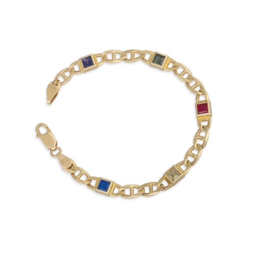 165 - A 14CT GOLD GEM SET BRACELET, panel design, 7 1/2