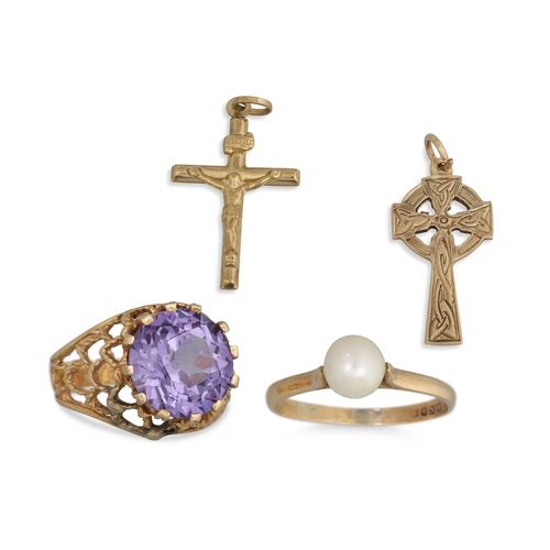 166 - A COLLECTION OF GOLD ITEMS, to include two dress rings, two religious pendants, 8.1 g total