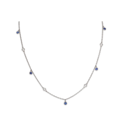 167 - A DIAMOND AND SAPPHIRE NECKLACE, collet set diamonds and drop sapphires, mounted in 18ct white gold,... 