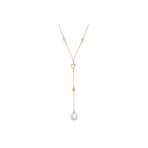 168 - A PEARL AND DIAMOND DROP NECKLACE, on an 18ct white gold chain, featuring a heart shaped diamond clu... 