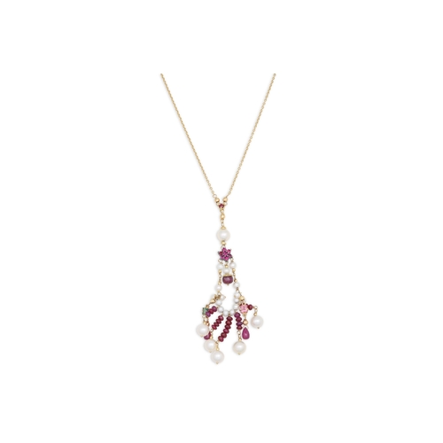 171 - A RUBY AND PEARL NECKLACE, of drop and beaded form, on an 18ct yellow gold chain