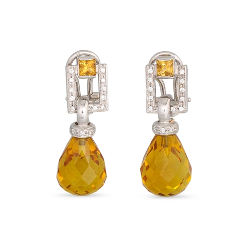172 - A PAIR OF CITRINE AND DIAMOND EARRINGS, the square open work panel diamonds set with suspending brio... 