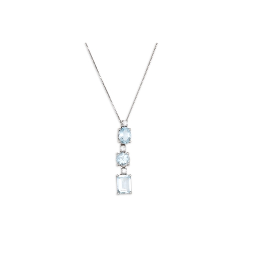 175 - AN AQUAMARINE AND DIAMOND PENDANT, set with two oval aquamarines and a rectangular aquamarine in 18c... 