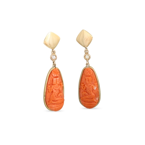 176 - A PAIR OF CORAL DROP EARRINGS, with carved figures, mounted in 18ct yellow gold, 2