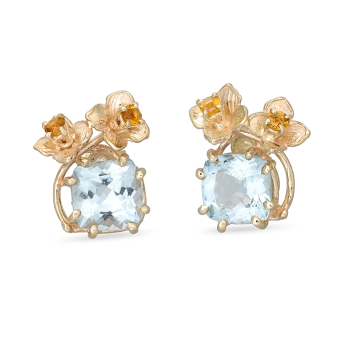 177 - A PAIR OF AQUAMARINE AND ORANGE SAPPHIRE EARRINGS, of naturalistic form, mounted in 14ct yellow gold... 