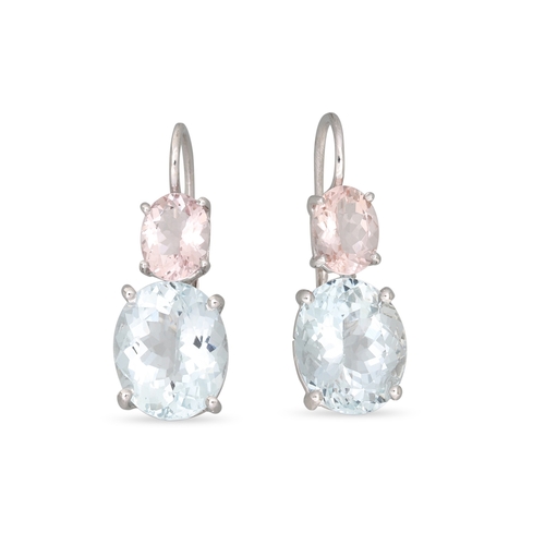178 - A PAIR OF AQUAMARINE AND MORGANITE EARRINGS, each set with two oval stones, mounted in 18ct white go... 