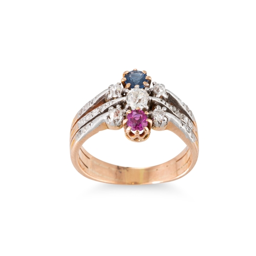 373 - AN ANTIQUE RUBY, SAPPHIRE AND DIAMOND CLUSTER RING, to diamond shoulders, mounted in 18ct yellow gol... 