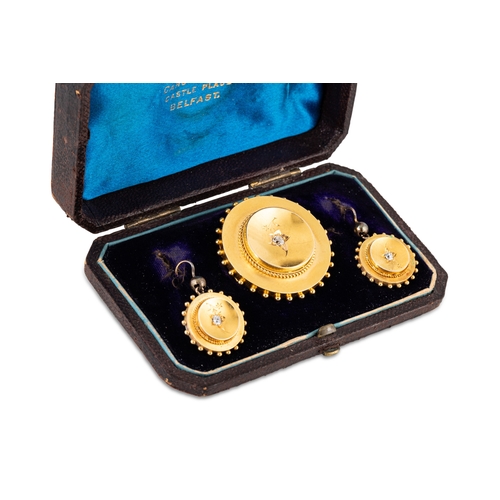 148 - AN ANTIQUE SUITE OF A DIAMOND SET BROOCH AND EARRINGS, mounted in gold, shepherd hook fittings, fitt... 