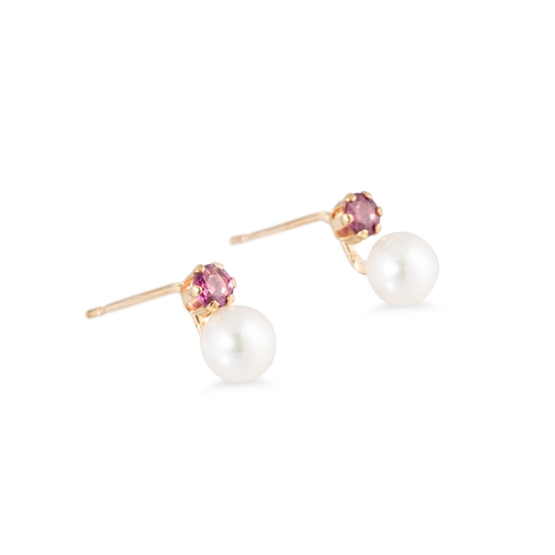20 - A PAIR OF CULTURED PEARL AND RUBY STUD EARRINGS, mounted in 9ct gold, earring backs not gold