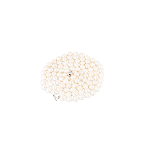 22 - A STRING OF CULTURED PEARLS, to a 14ct white gold ball clasp