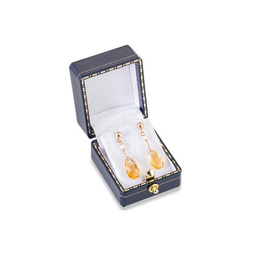 23 - A PAIR OF CITRINE AND CULTURED PEARL DROP EARRINGS, mounted in 9ct gold, earring backs not gold