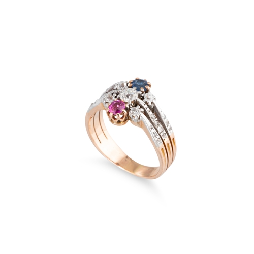 373 - AN ANTIQUE RUBY, SAPPHIRE AND DIAMOND CLUSTER RING, to diamond shoulders, mounted in 18ct yellow gol... 