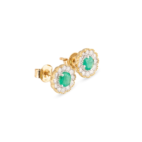 38 - A PAIR OF EMERALD AND DIAMOND SET CLUSTER EARRINGS, the central round cut emeralds to diamond set su... 