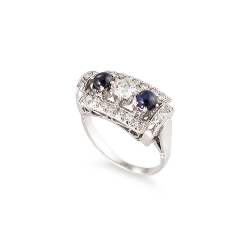 104 - A RETRO DIAMOND AND SAPPHIRE SET CLUSTER RING, the central trio of diamonds flanked by two cabochon ... 