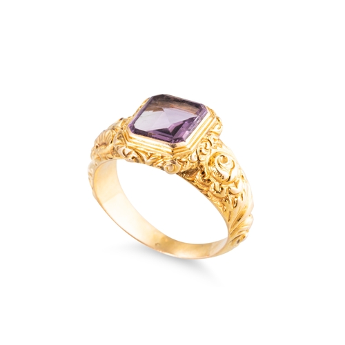 75 - AN ANTIQUE AMETHYST RING, with a table cut amethyst, rococo style decoration to the shoulders, mount... 