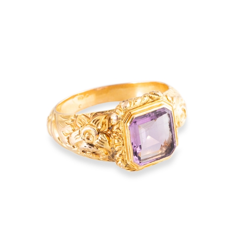 75 - AN ANTIQUE AMETHYST RING, with a table cut amethyst, rococo style decoration to the shoulders, mount... 