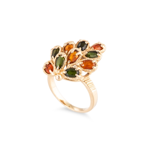 80 - A VINTAGE CLUSTER RING, of naturalistic form, set with orange and green stones, mounted in 14ct yell... 