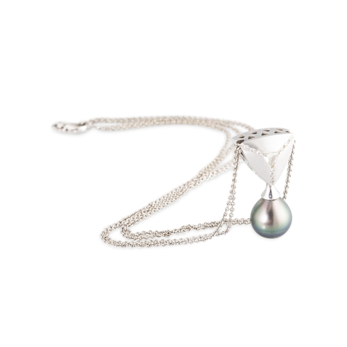 87 - AN 18CT WHITE GOLD DIAMOND SET CULTURED PEARL PENDANT, with a grey tone to a double white gold neckc... 