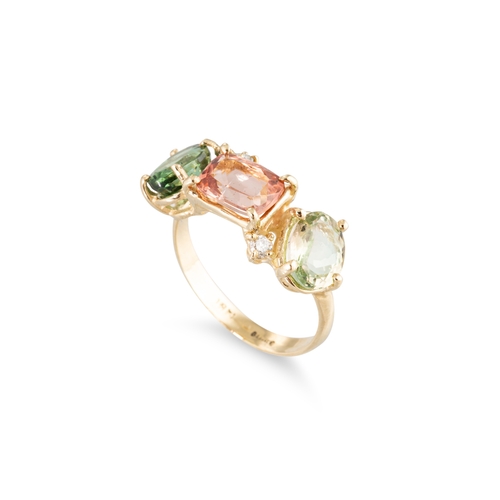 97 - A TOURMALINE AND DIAMOND RING, comprising pink and green tourmaline, offset by diamond accents, size... 