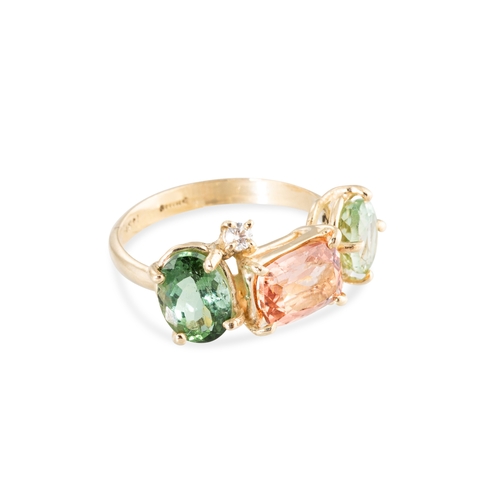 97 - A TOURMALINE AND DIAMOND RING, comprising pink and green tourmaline, offset by diamond accents, size... 