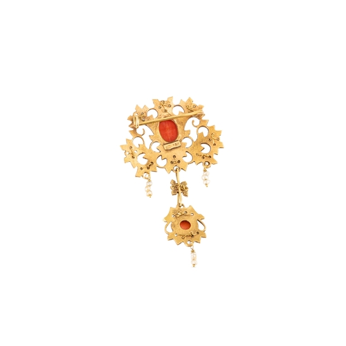 98 - AN ANTIQUE CORAL AND SEED PEARL BROOCH, comprising filigree panels set with seed pearls and coral, 1... 