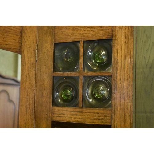 12 - ART NOVEAU Oak Robe Over Drawer Green Glass Panels