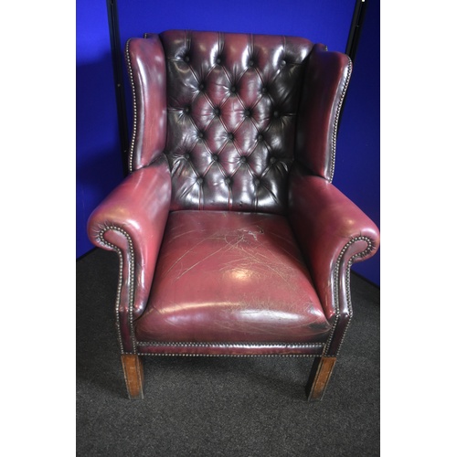 40A - RED LEATHER BUTTON BACK WINGBACK ARMCHAIR