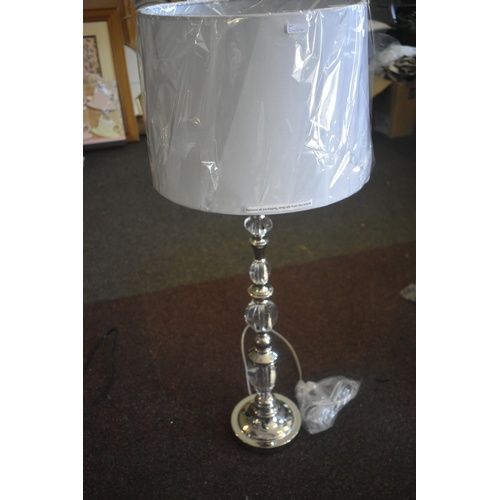 271 - NEW CHROME/GLASS TABLE LAMP WITH NEW WHITE SHADE