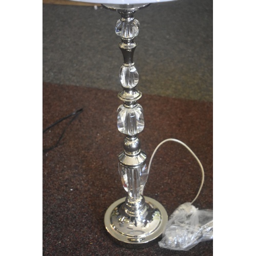 271 - NEW CHROME/GLASS TABLE LAMP WITH NEW WHITE SHADE