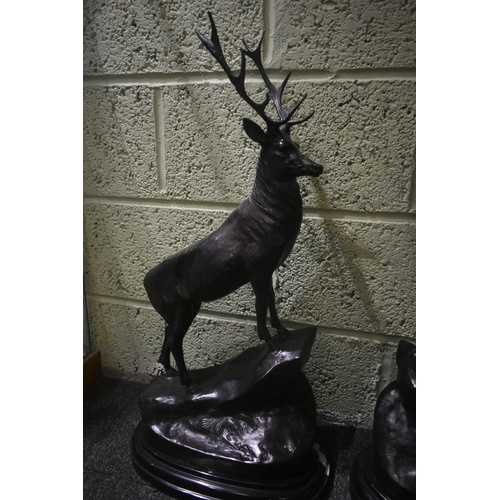 107 - PAIR OF LARGE BRONZE STAGS ON MARBLE BASES (APPROX 2FT)