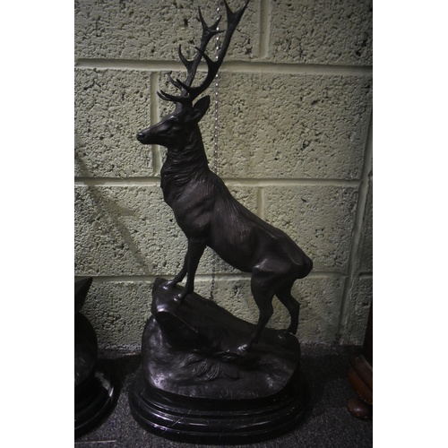 107 - PAIR OF LARGE BRONZE STAGS ON MARBLE BASES (APPROX 2FT)