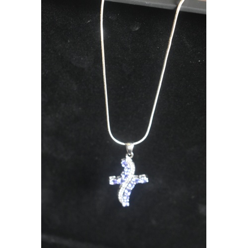 202 - SILVER NECKLACE WITH SILVER CROSS SET WITH STONES