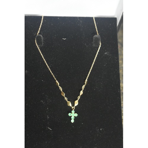 200 - 18ct GOLD CHAIN WITH 18ct EMERALD AND DIAMOND SET CROSS